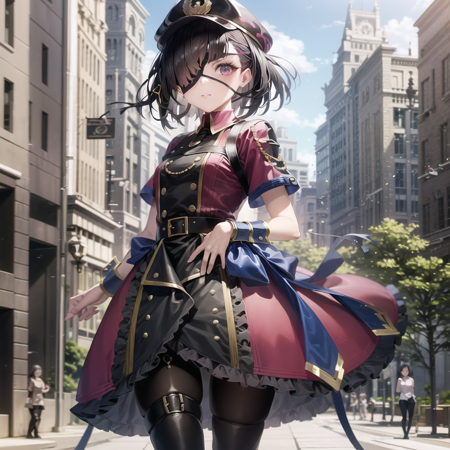 a anime female dressed standing,1girl, eyepatch, pantyhose, black hair, wrist cuffs, boots, sol.png